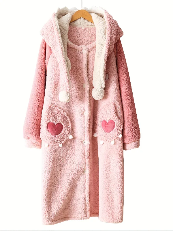 Customer Appreciation Sale Women's Cartoon Fuzzy Hooded Night Robe - Soft, Long Sleeve, Cute Buttons, Two Pockets, Cozy Sleepwear for Relaxation Customer Appreciation Sale Women's Cartoon Fuzzy Hooded Night Robe - Soft, Long Sleeve, Cute Buttons, Two Pockets, Cozy Sleepwear for Relaxation