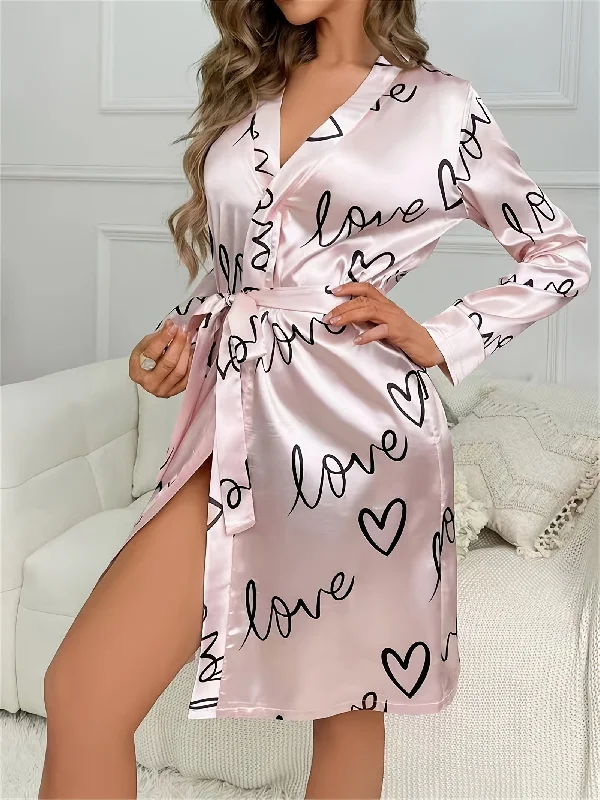 Bargain Bin Womens Soft Satin Robe - Ultra-Casual Long Sleeve Silky Lounge Bathrobe with Adjustable Waist Tie, Adorable Heart Pattern for Sleepwear and Relaxation