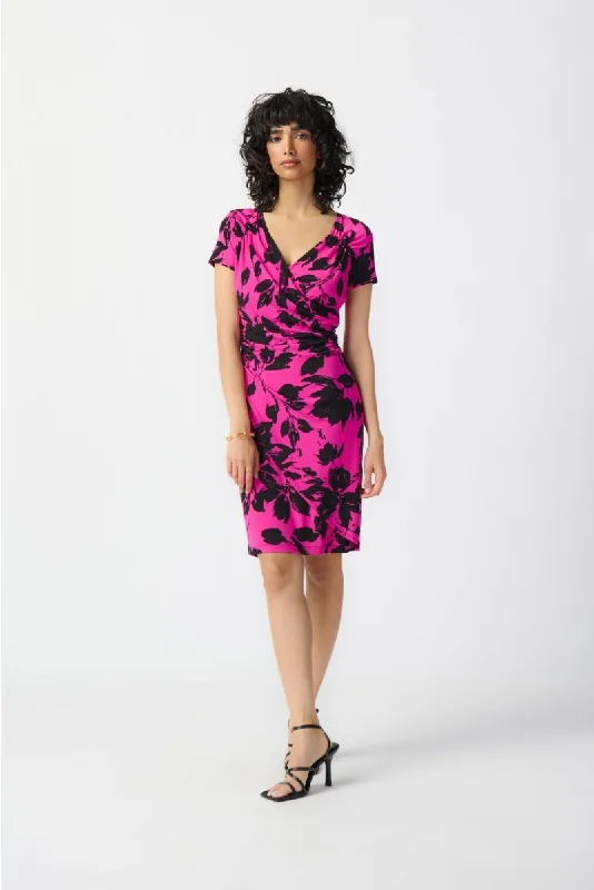 Today’s Deal Joseph Ribkoff Pink/Black Floral Print Ruched Faux Wrap Sheath Dress 241118