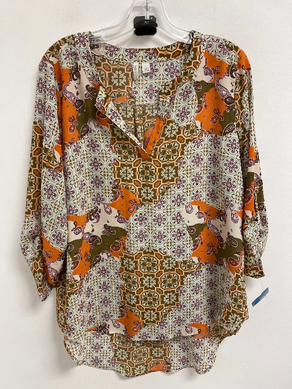 New Arrival Top Long Sleeve By Cato In Green & Orange, Size: L