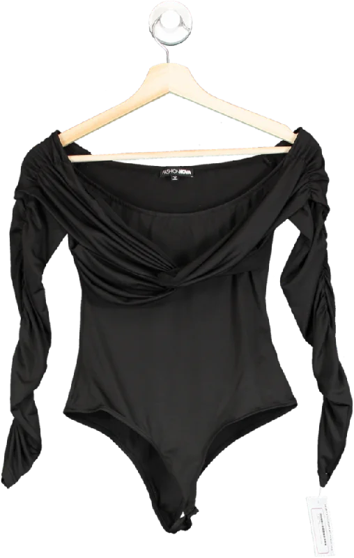 While Supplies Last Fashion Nova Black Off-Shoulder Ruched Bodysuit XS