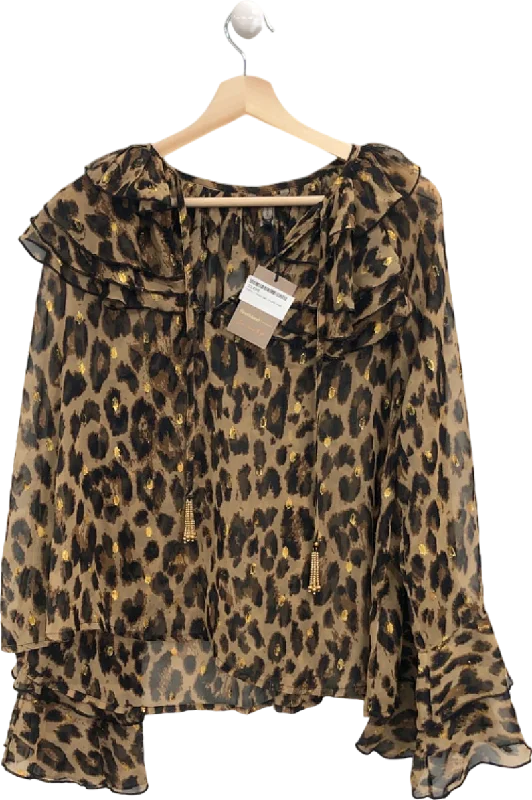 Grand Opening Sale River Island Beige Leopard Print Sheer Ruffled Blouse UK 6