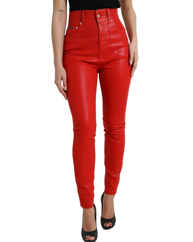 Huge Discounts Dolce & Gabbana  Women's High Waist Skinny Leather Jeans - Red
