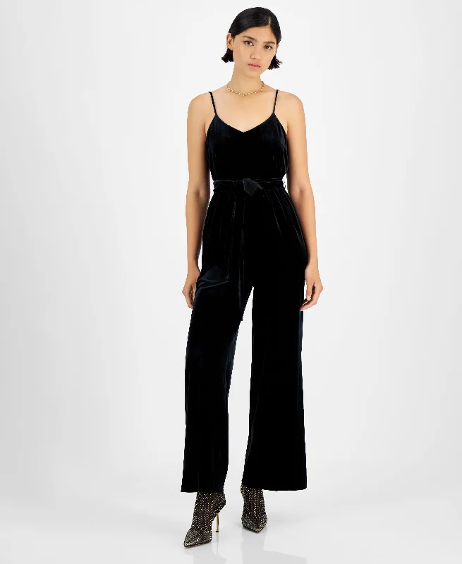 New Deals Bar III Womens Velvet V Neck Scoop Back Belted Jumpsuit
