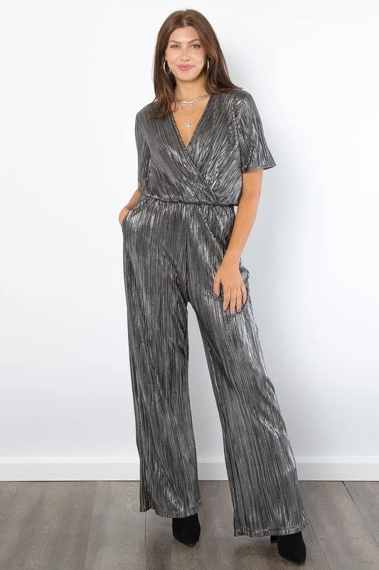 Weekend Special Surplice Short Sleeve Pleated Foil Jumpsuit