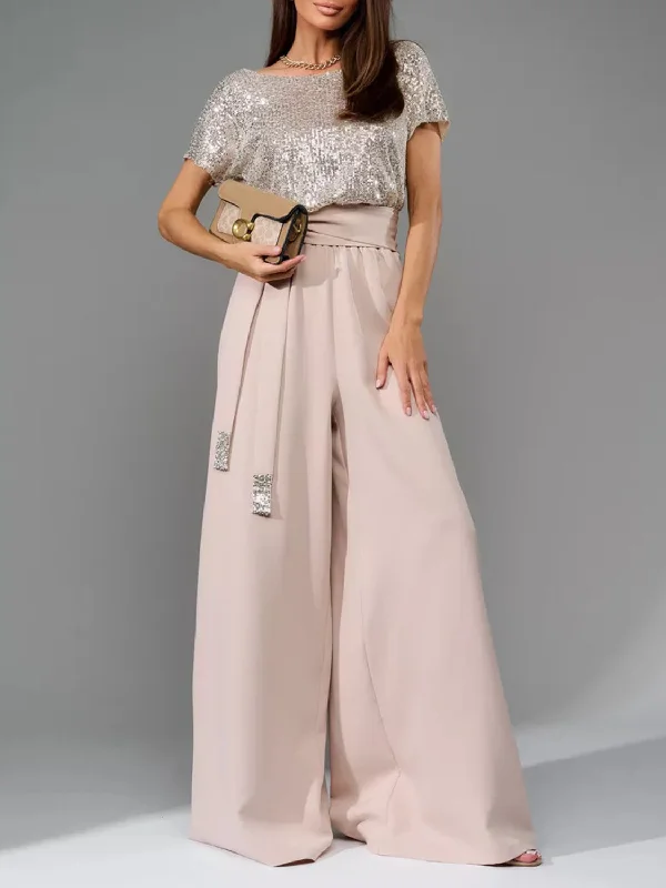 Price Buster Full Size Sequin Round Neck Short Sleeve Wide Leg Jumpsuit