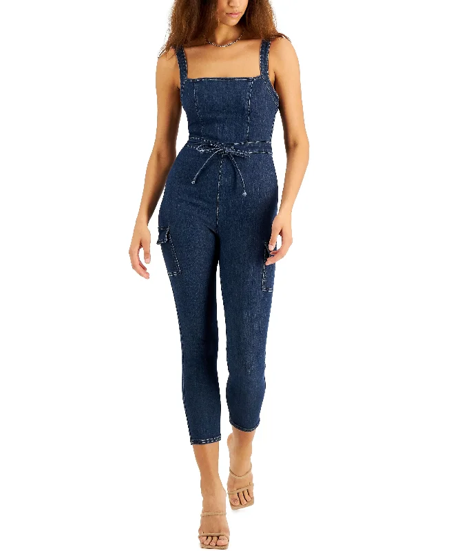 Deal Dash Juniors' Belted Denim Jumpsuit with Ruffle