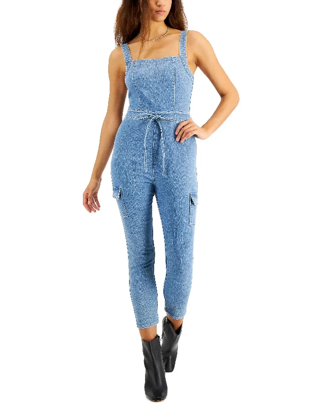 Discount Deals Juniors' Belted Denim Jumpsuit
