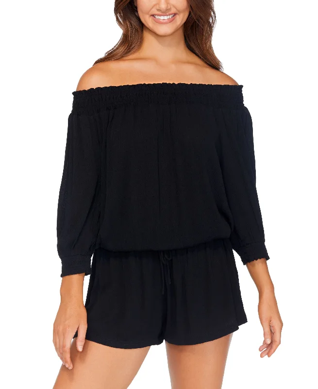 Final Clearance Juniors' Solid West Coast Off-The-Shoulder Romper Cover-Up
