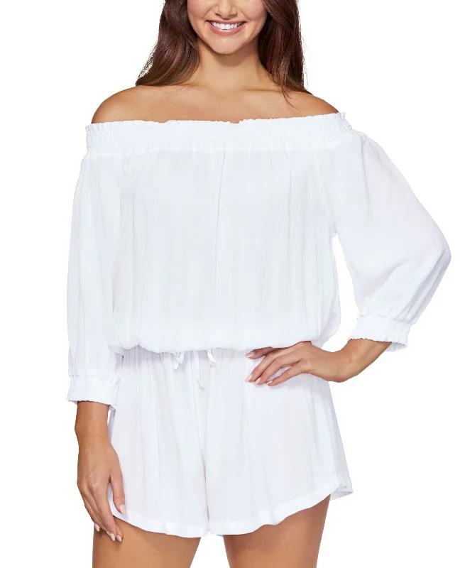 Daily Deals Juniors' West Coast Off-The-Shoulder Romper Cover-Up