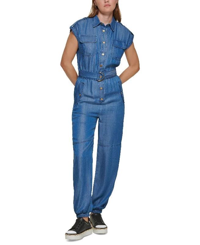 Flash Deals Karl Lagerfeld Paris Womens Belted Utility Jumpsuit