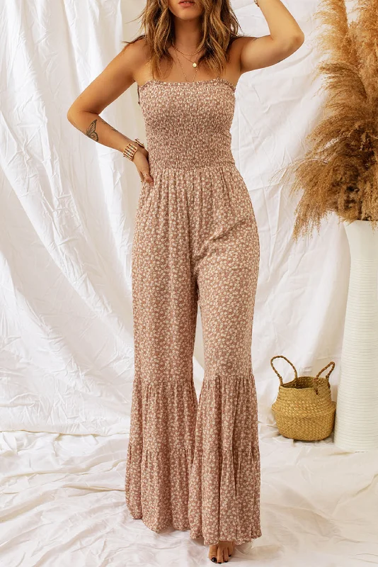 Limited Time Offer Khaki Thin Straps Smocked Bodice Wide Leg Floral Jumpsuit