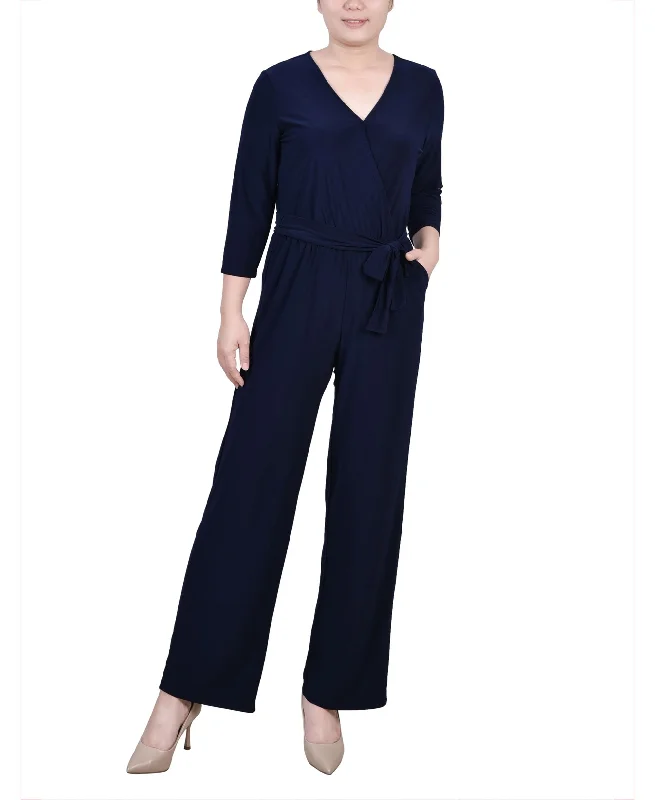 Don't Wait Petite Short 3/4 Sleeve Belted Wide Leg Jumpsuit