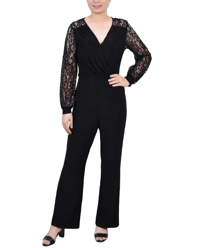 Referral Discount Petite Jumpsuit with Lace Sleeve