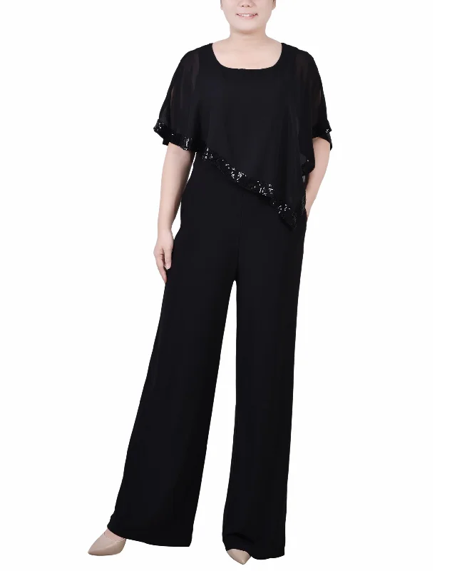 Limited Availability NY Collection Petite Poncho Sleeve Sequined Jumpsuit