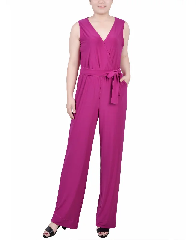 Anniversary Sale NY Collection Petite Surplice Belted Wide Leg Jumpsuit