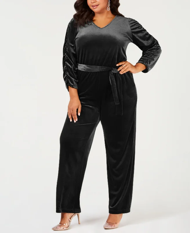 Hurry In NY Collection Plus Size Belted Velvet Jumpsuit