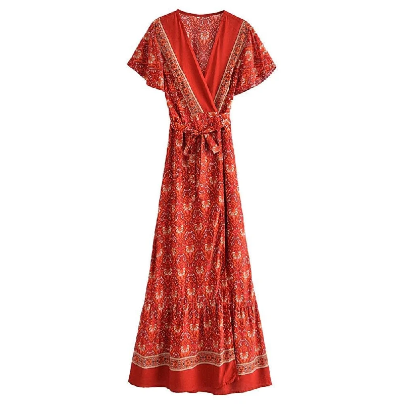 Factory Direct Sale Pandora Red Vintage Floral Wrap Maxi Dress