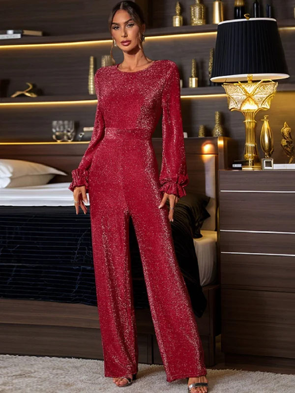Members Only Cutout Round Neck Long Sleeve Jumpsuit