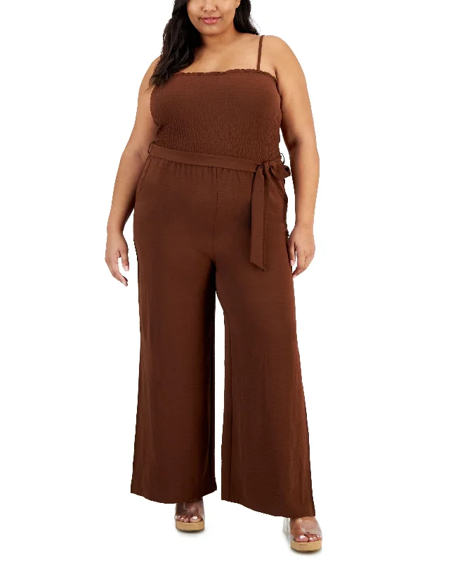 Weekend Deal Plus Size Smocked Tie-Waist Slit-Leg Jumpsuit