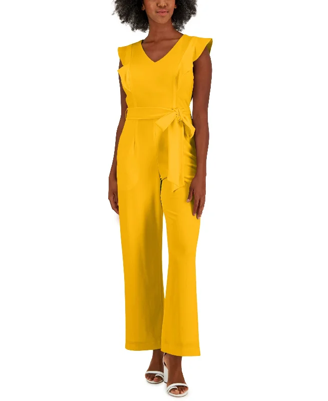 Year-End Sale Scuba Crepe V-Neck Flutter-Sleeve Belted Jumpsuit