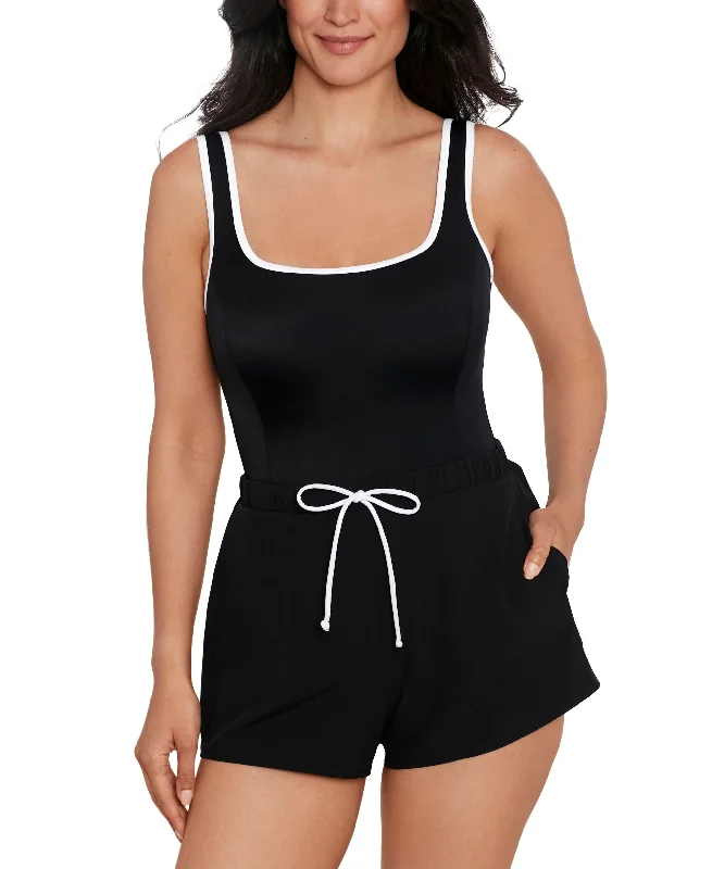 New Deals Shape Solver Sport for Women's Colorblocked Romper One-Piece Swimsuit