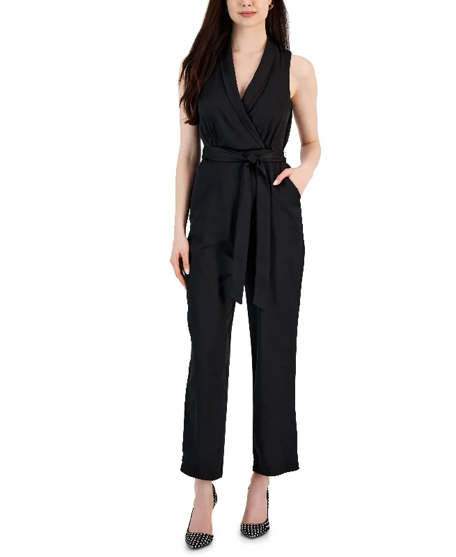Hurry In Taylor Womens V Neck Tie Waste Jumpsuit