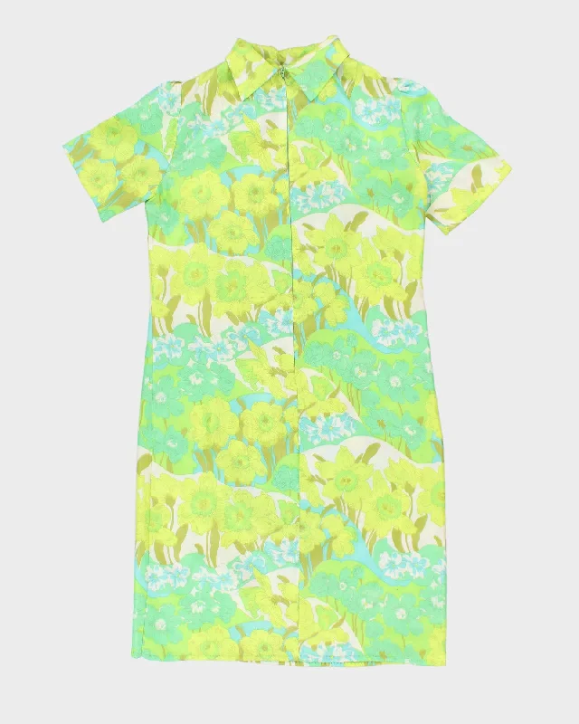 Hot Deal Vintage 70s Handmade Green Floral Collared Mini Dress - L