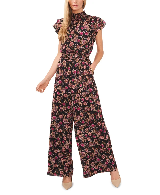 Limited Stock Women's Flutter Sleeve Mock Neck Smocked Waist Jumpsuit
