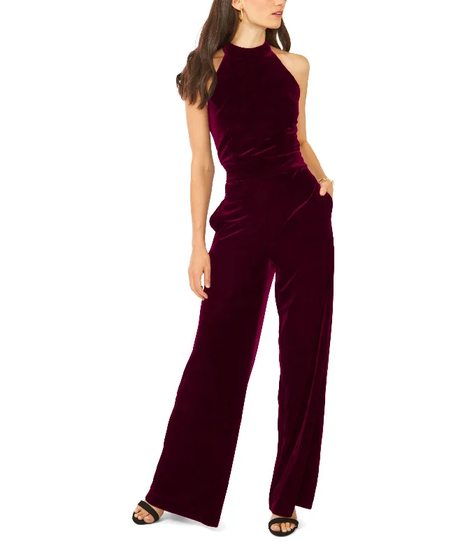 Mega Deal Women's Mock Neck Halter Tie-Neck Velvet Jumpsuit