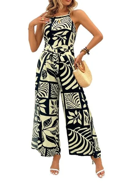 Limited Edition Printed Tie Back Jumpsuits Sleeveless Tie Waist Jumpsuits Wide-Leg Jumpsuits with Slit