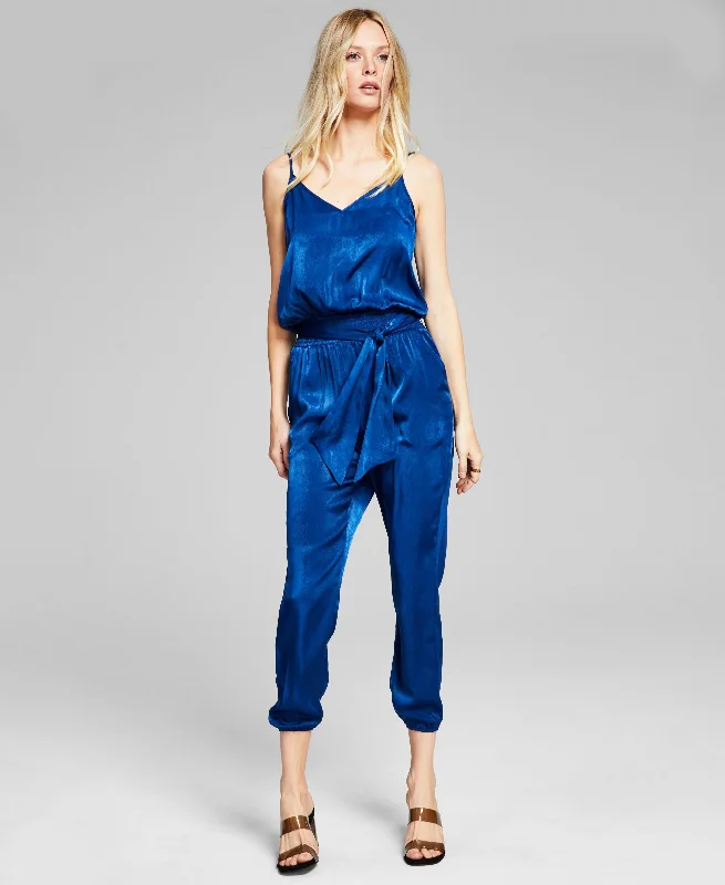 Savings Bonanza Women's Sleeveless Belted Satin Jumpsuit